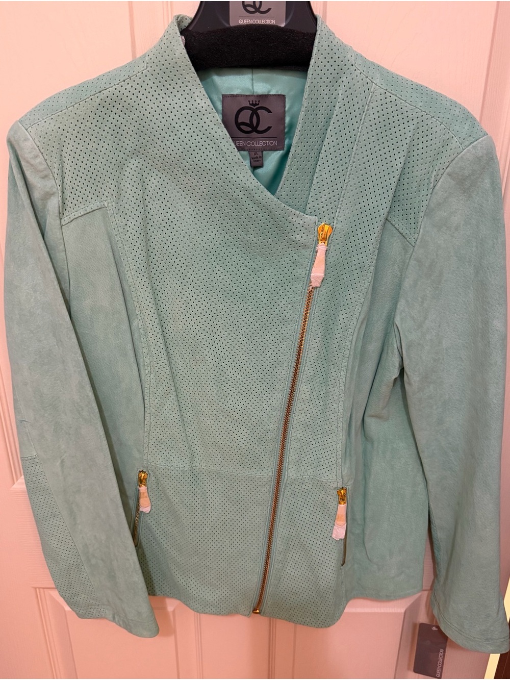 Queen Collection Mint Suede Moto Jacket with Gold Zipper